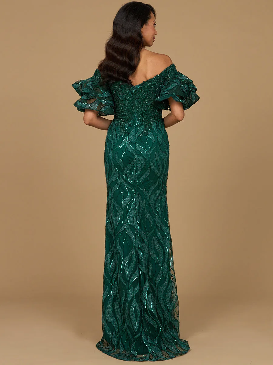 Off Shoulder Mermaid Beaded Gown with Tiered Sleeves by Lara New York — style 29190