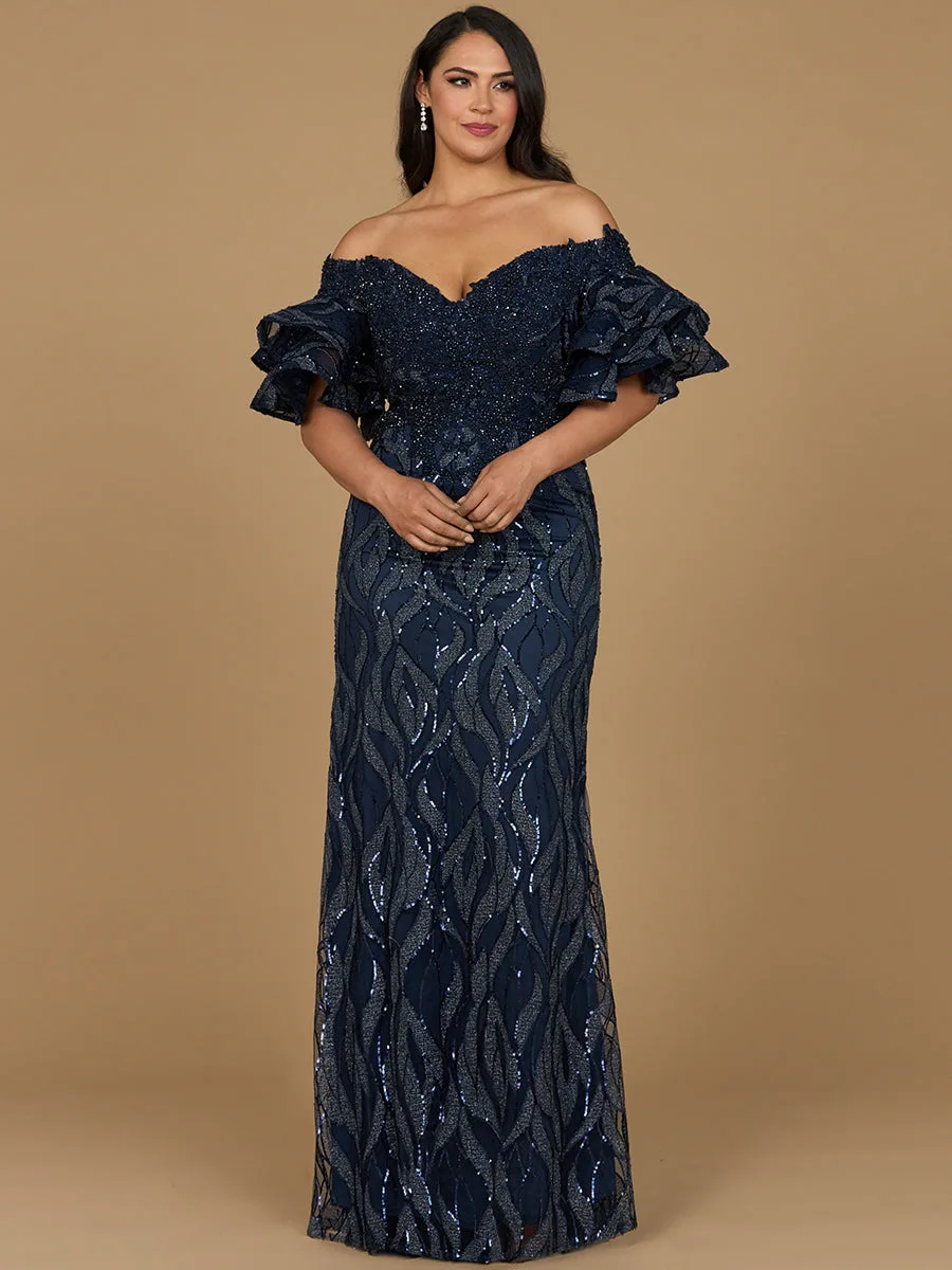 Off Shoulder Mermaid Beaded Gown with Tiered Sleeves by Lara New York — style 29190