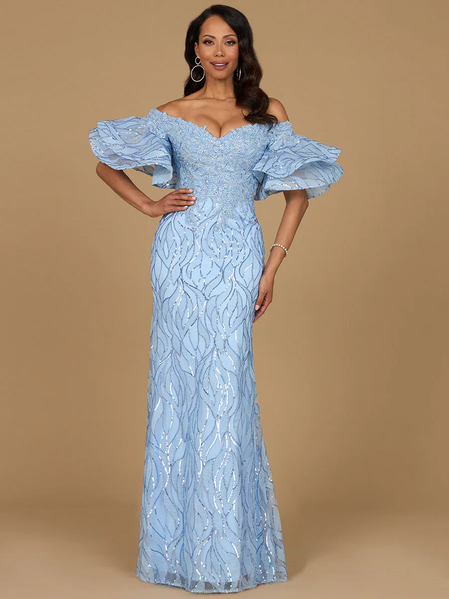 Off Shoulder Mermaid Beaded Gown with Tiered Sleeves by Lara New York — style 29190 in Periwinkle