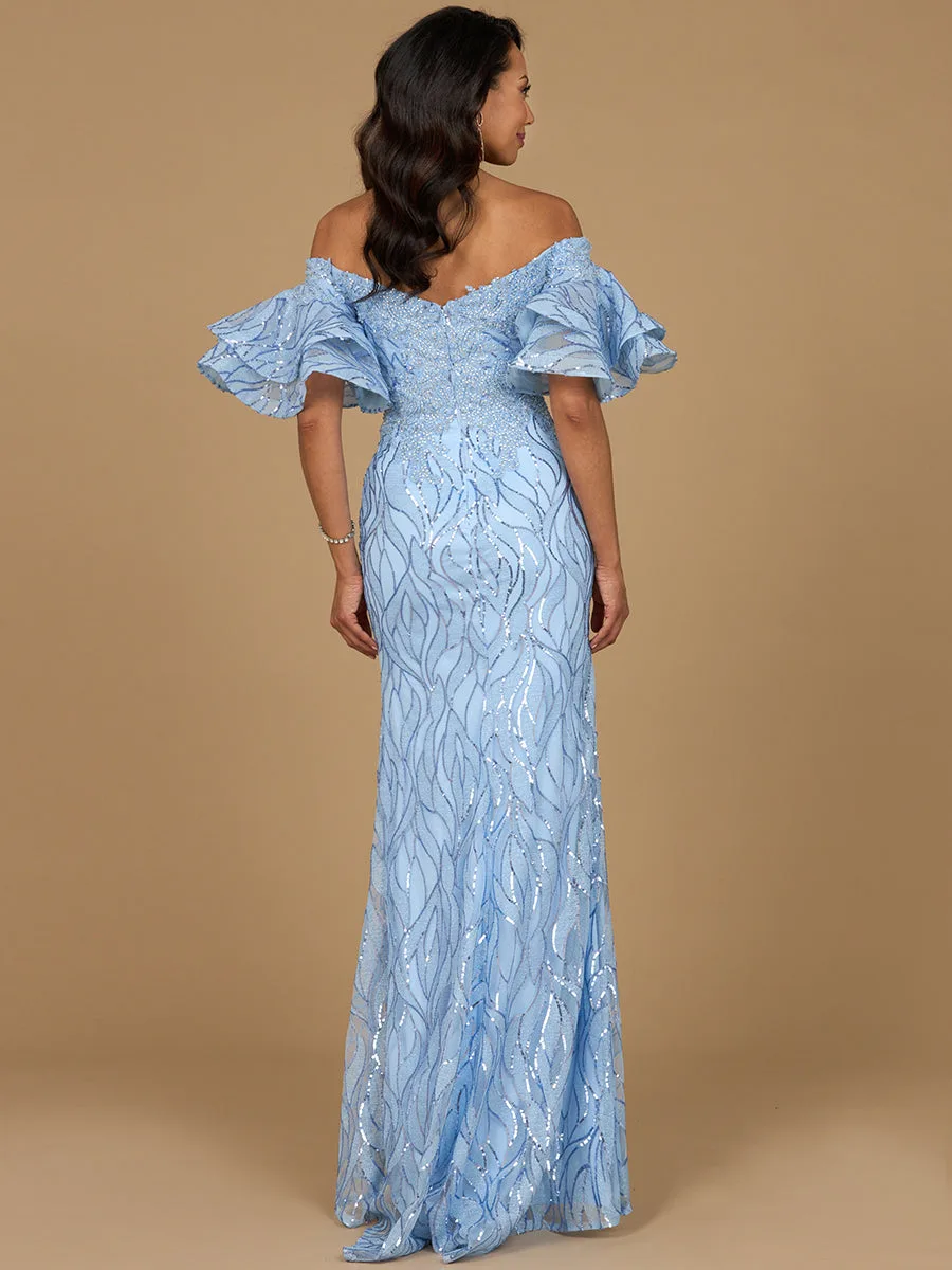 Off Shoulder Mermaid Beaded Gown with Tiered Sleeves by Lara New York — style 29190