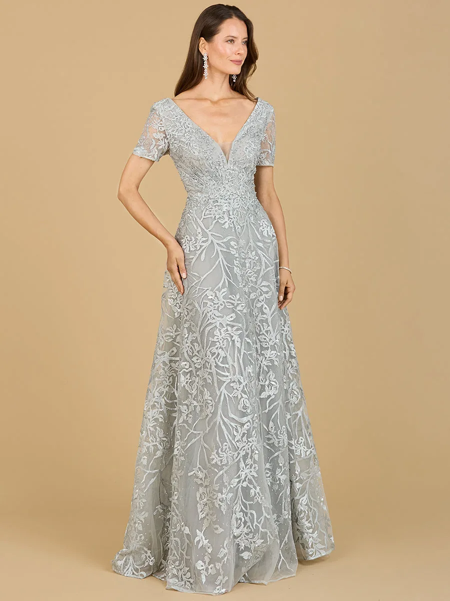 Short Sleeve Lace A-Line Dress with V-Neckline by Lara New York — style 29193 in Dusty Blue/Green