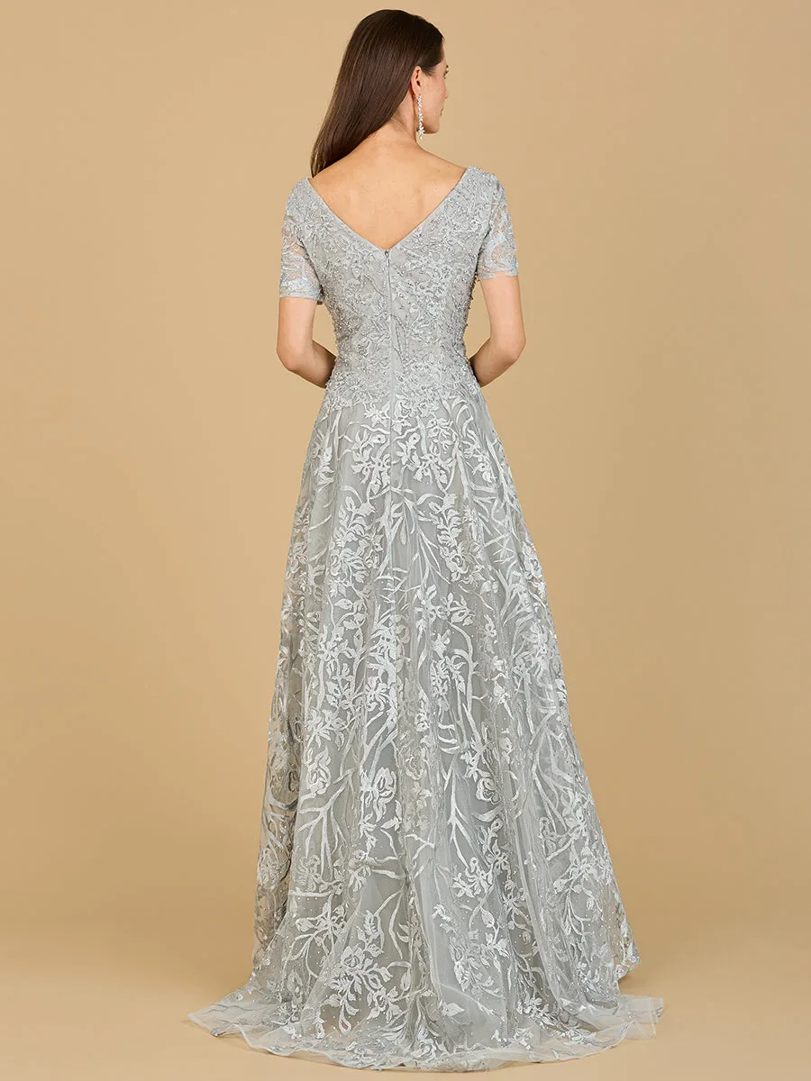 Short Sleeve Lace A-Line Dress with V-Neckline by Lara New York — style 29193