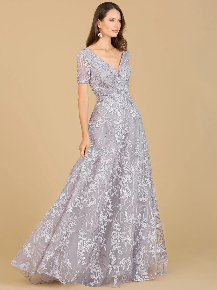 Short Sleeve Lace A-Line Dress with V-Neckline by Lara New York — style 29193 in Stone