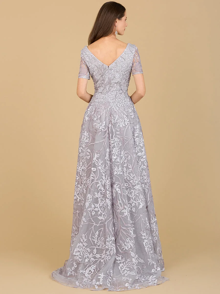 Short Sleeve Lace A-Line Dress with V-Neckline by Lara New York — style 29193