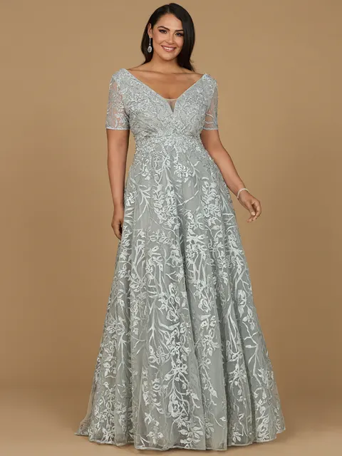 Short Sleeve Lace A-Line Dress with V-Neckline