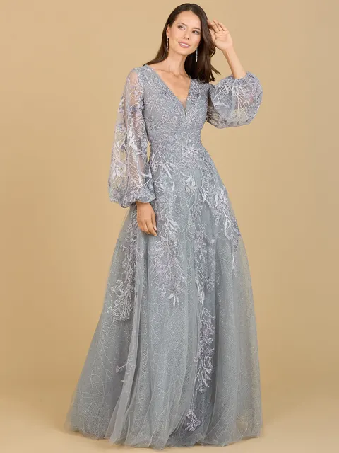 V Neckline Balloon Sleeve Gown