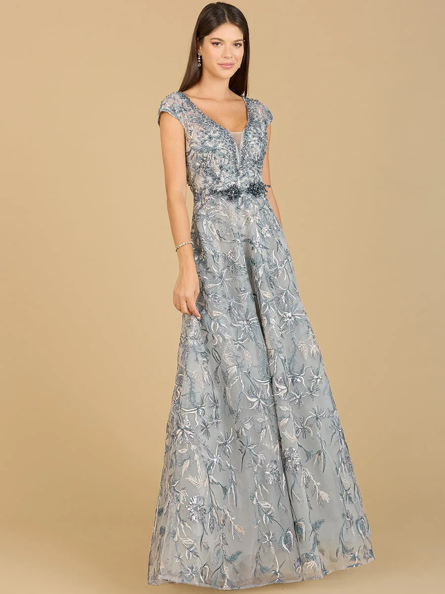 Lace Embellished A-Line Dress by Lara New York — style 29196 in Blue Multi