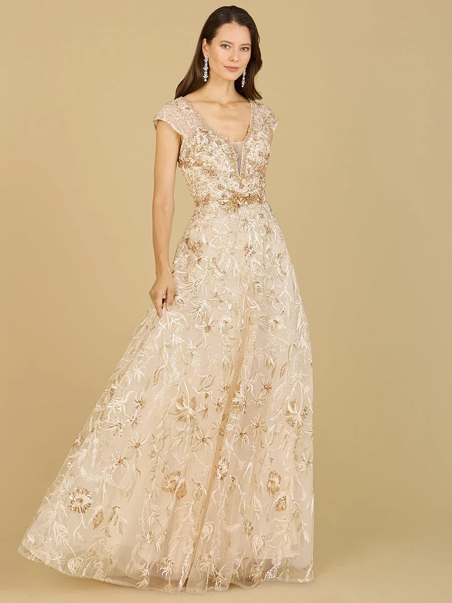 Lace Embellished A-Line Dress by Lara New York — style 29196 in Champagne