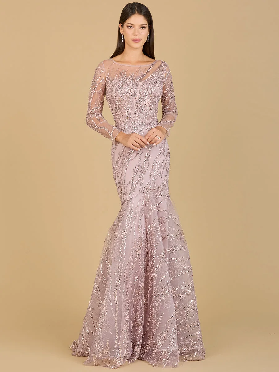Long Sleeve Mermaid Beaded Gown by Lara New York — style 29199 in Rose