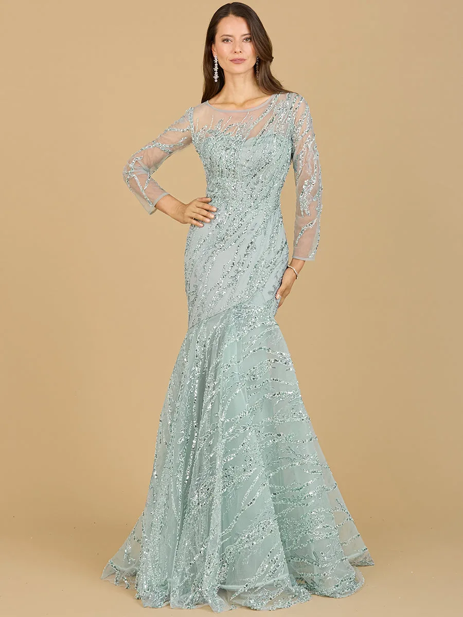 Long Sleeve Mermaid Beaded Gown by Lara New York — style 29199 in Seafoam