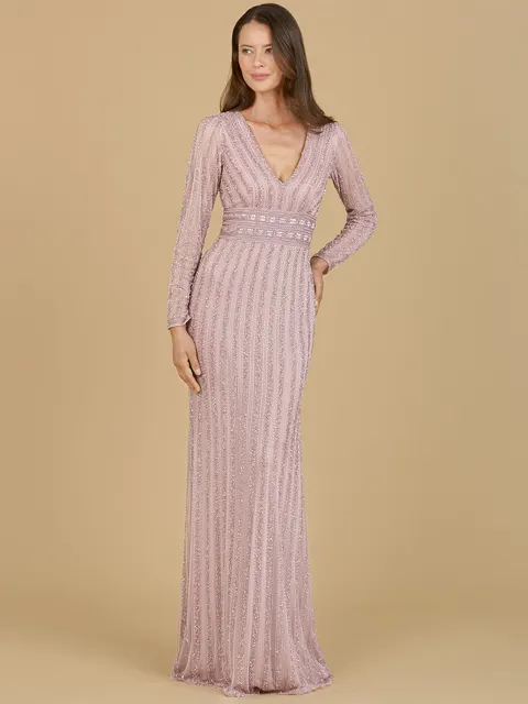 Long Sleeve V-Neck Beaded Gown