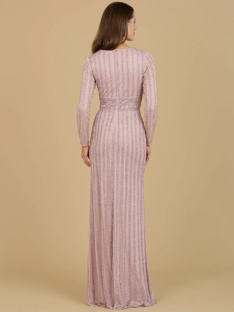 Long Sleeve V-Neck Beaded Gown by Lara New York — style 29203