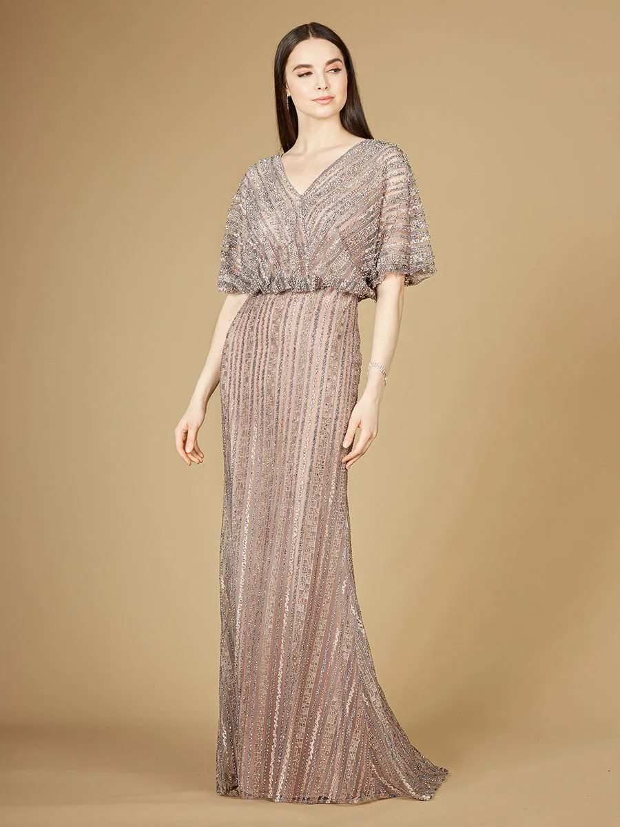 Cape Sleeve V-Neck Gown with Geometric Beading by Lara New York — style 29207 in Dusty Purple