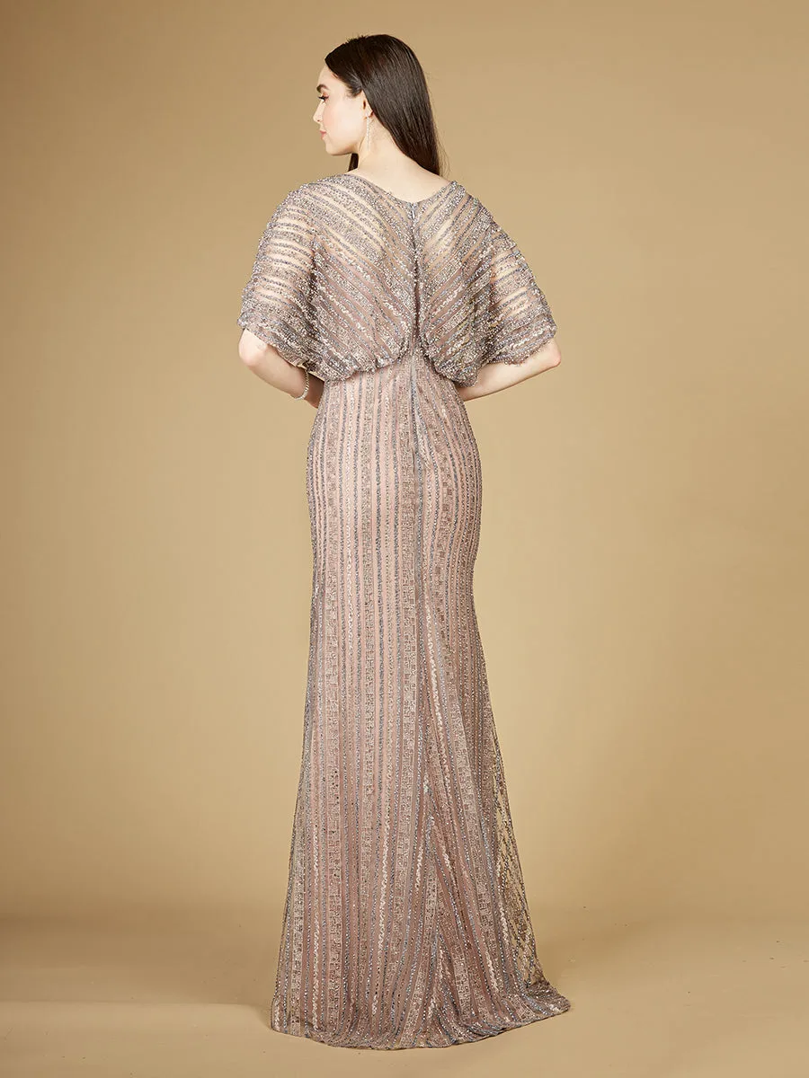 Cape Sleeve V-Neck Gown with Geometric Beading by Lara New York — style 29207