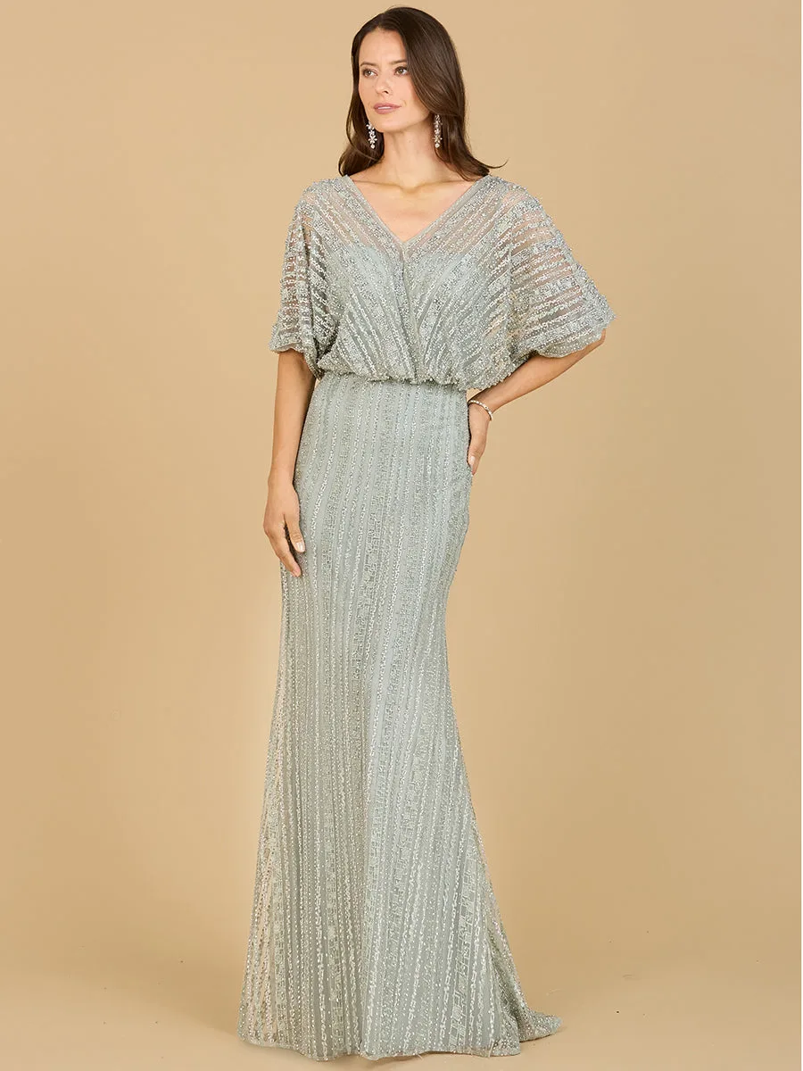 Cape Sleeve V-Neck Gown with Geometric Beading by Lara New York — style 29207 in Moss