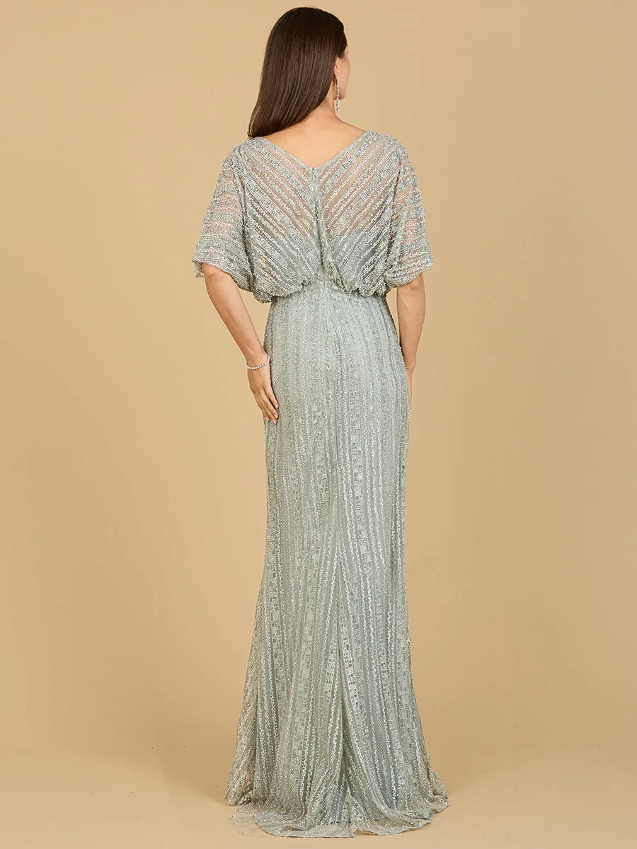 Cape Sleeve V-Neck Gown with Geometric Beading by Lara New York — style 29207