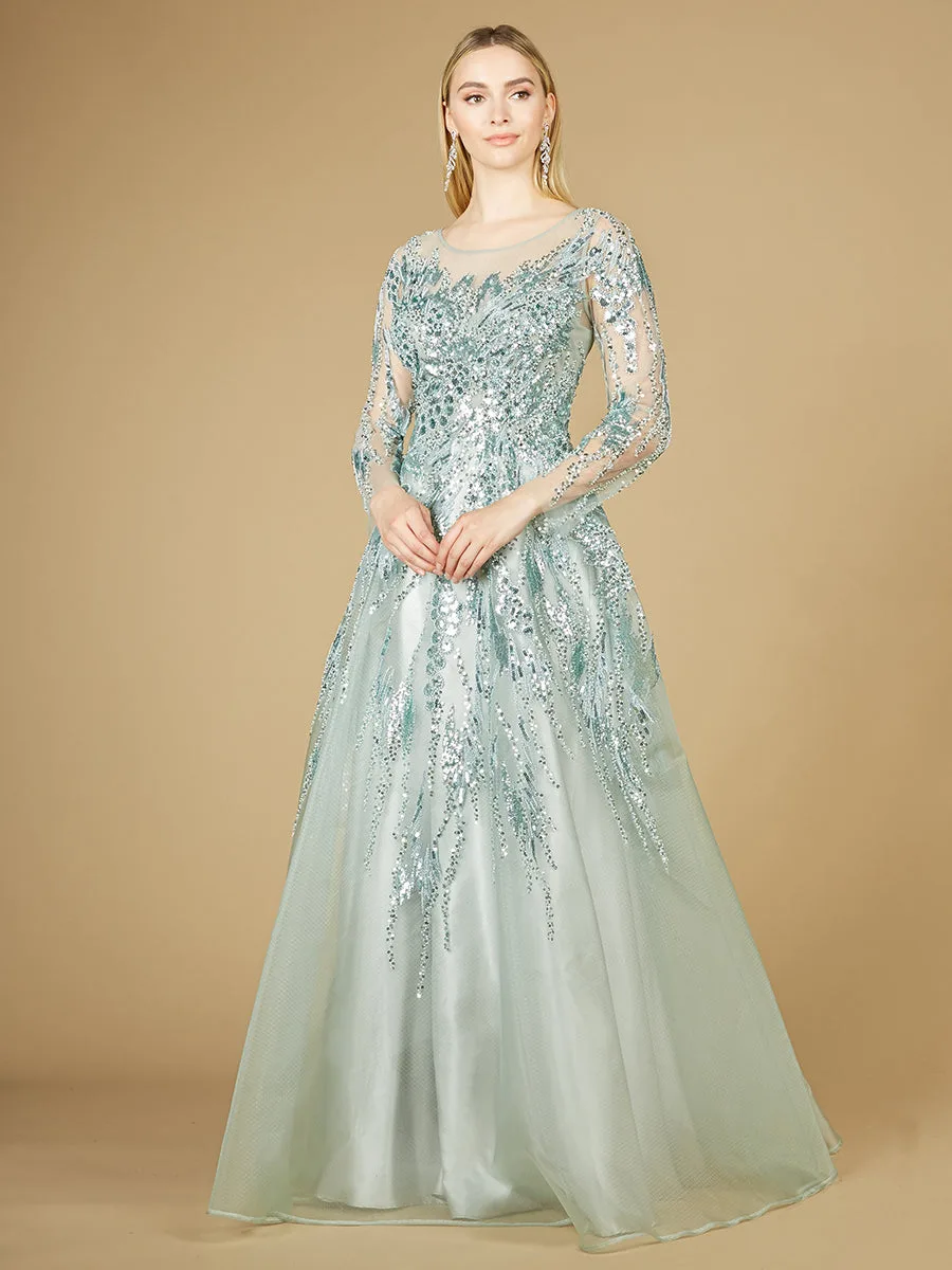 High Neck Lace Gown with Sheer Sleeves by Lara New York — style 29208 in Seafoam