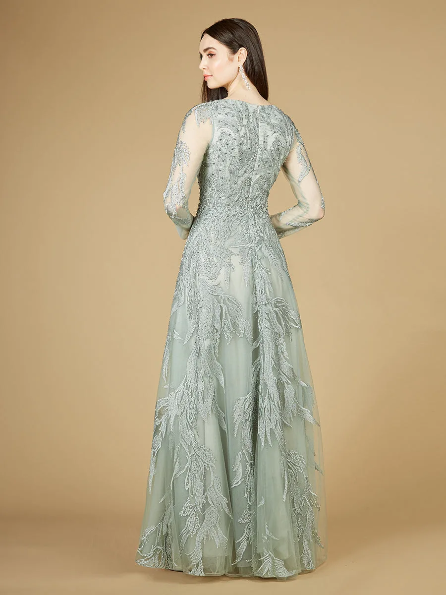 Long Sleeve Lace Ballgown with V-Neck by Lara New York — style 29209