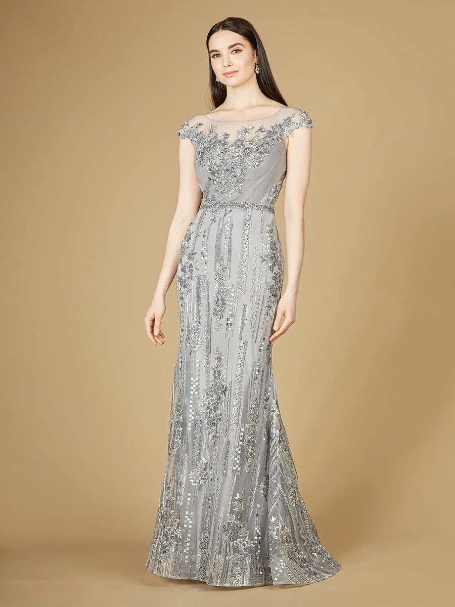 Cap Sleeve, Mermaid Lace Gown with High Neck by Lara New York — style 29210 in Grey