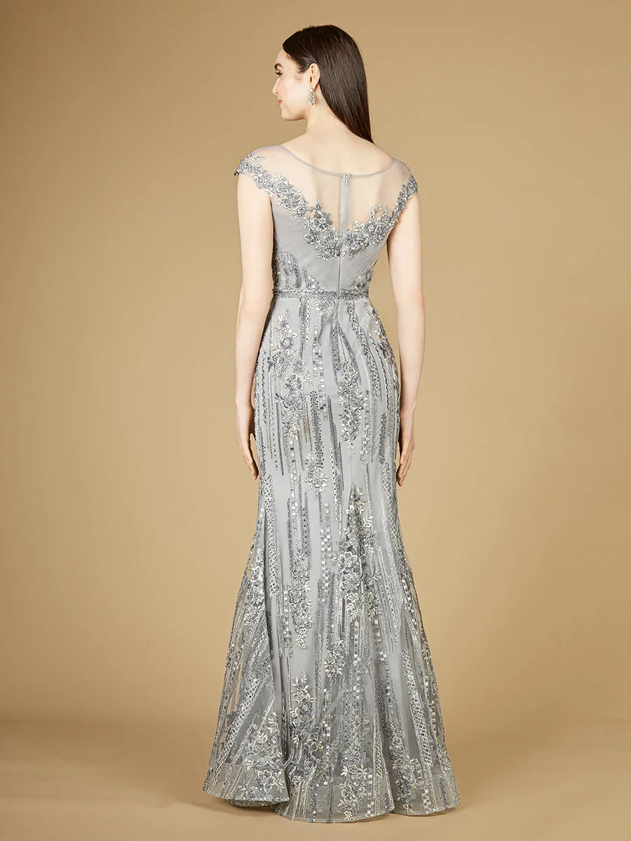 Cap Sleeve, Mermaid Lace Gown with High Neck by Lara New York — style 29210