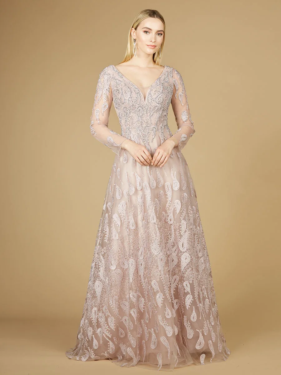 Long Sleeve V-Neck Ballgown by Lara New York — style 29212 in Mauve