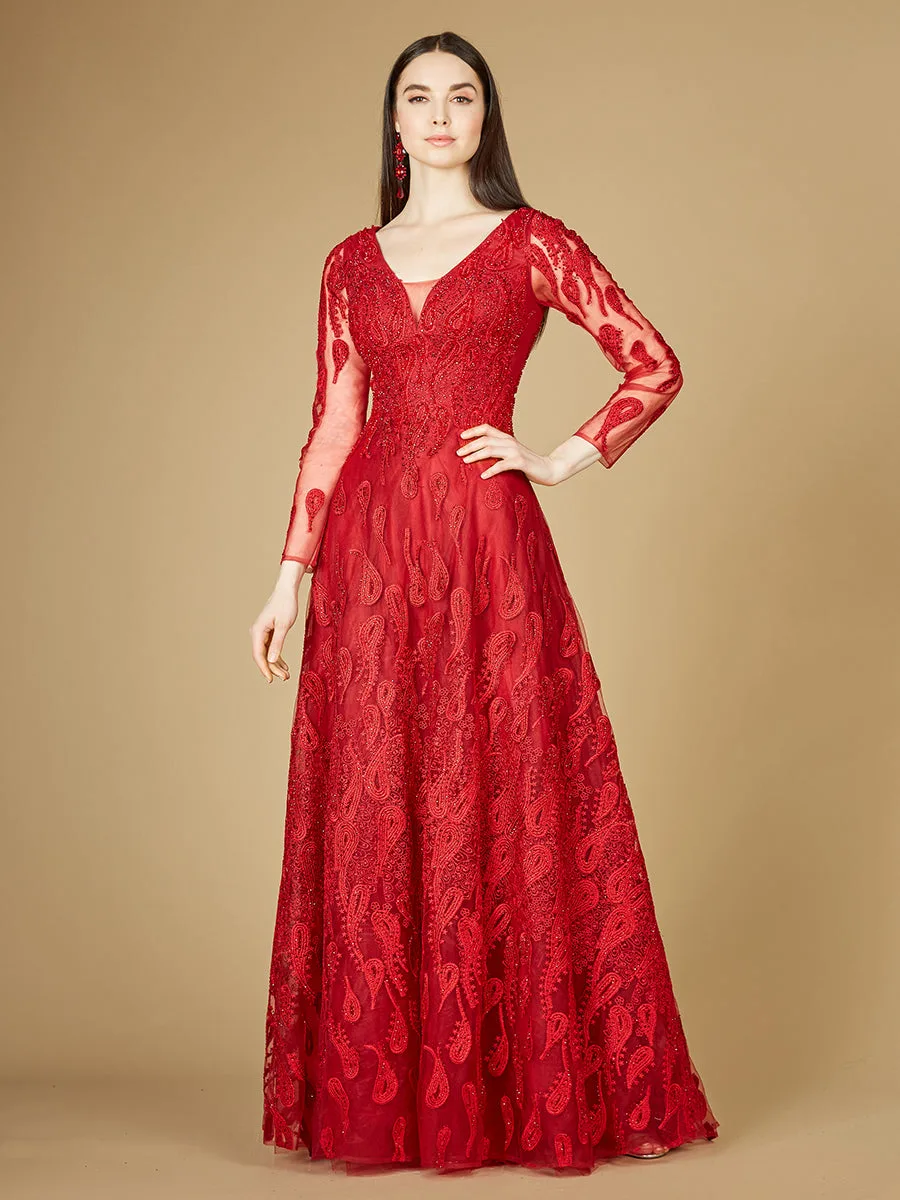 Long Sleeve V-Neck Ballgown by Lara New York — style 29212 in Red
