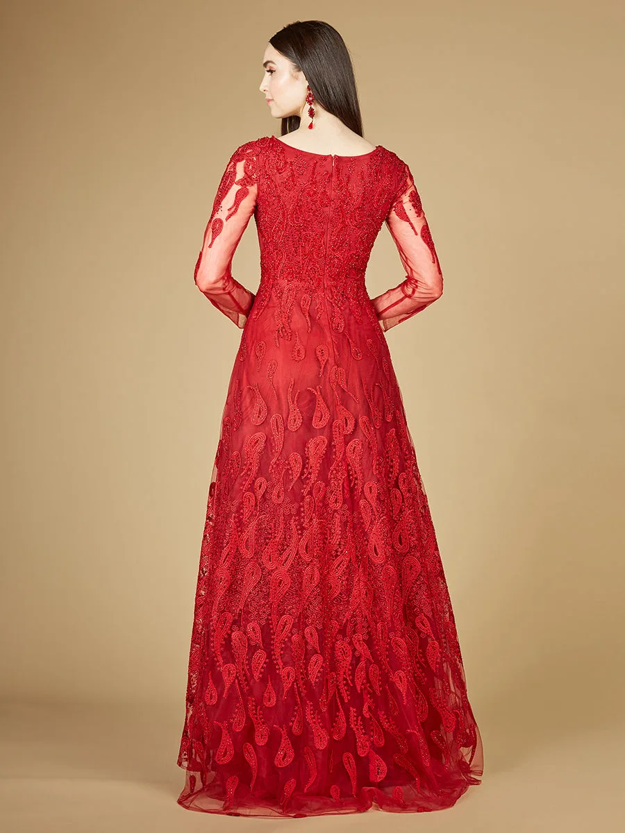 Long Sleeve V-Neck Ballgown by Lara New York — style 29212