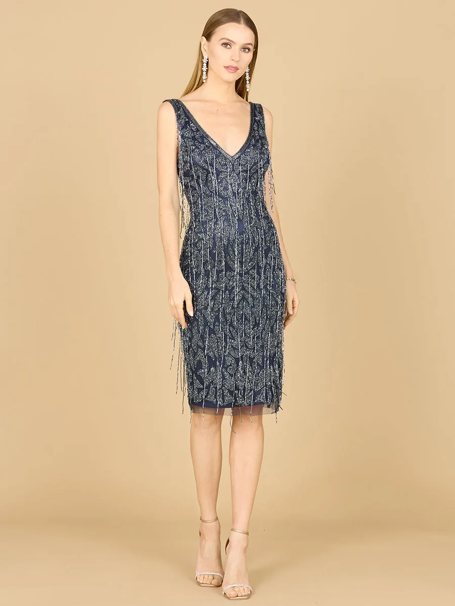 Fringe Cocktail Dress by Lara New York — style 29216 in Navy