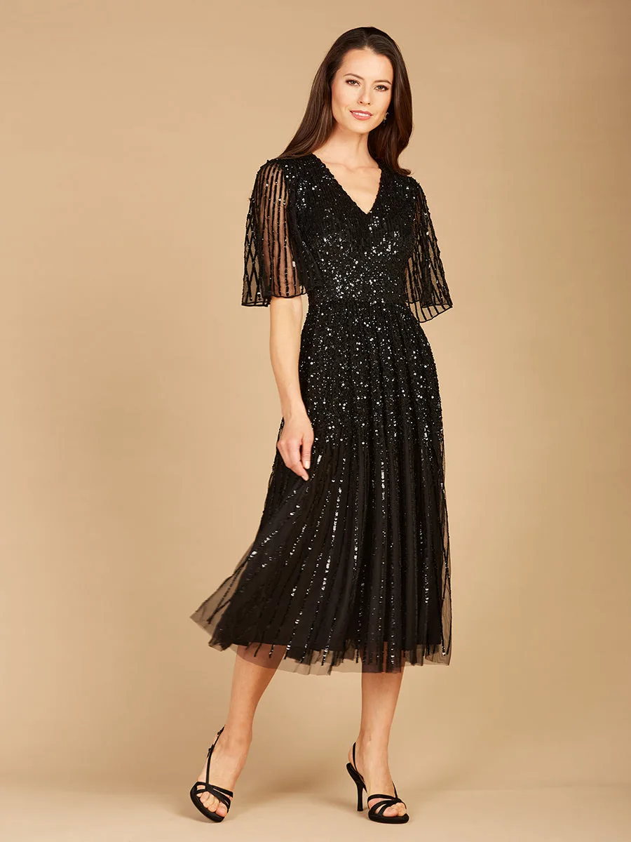 Flowing, Sequin Midi Dress with Short Sleeves by Lara New York — style 29221 in Black