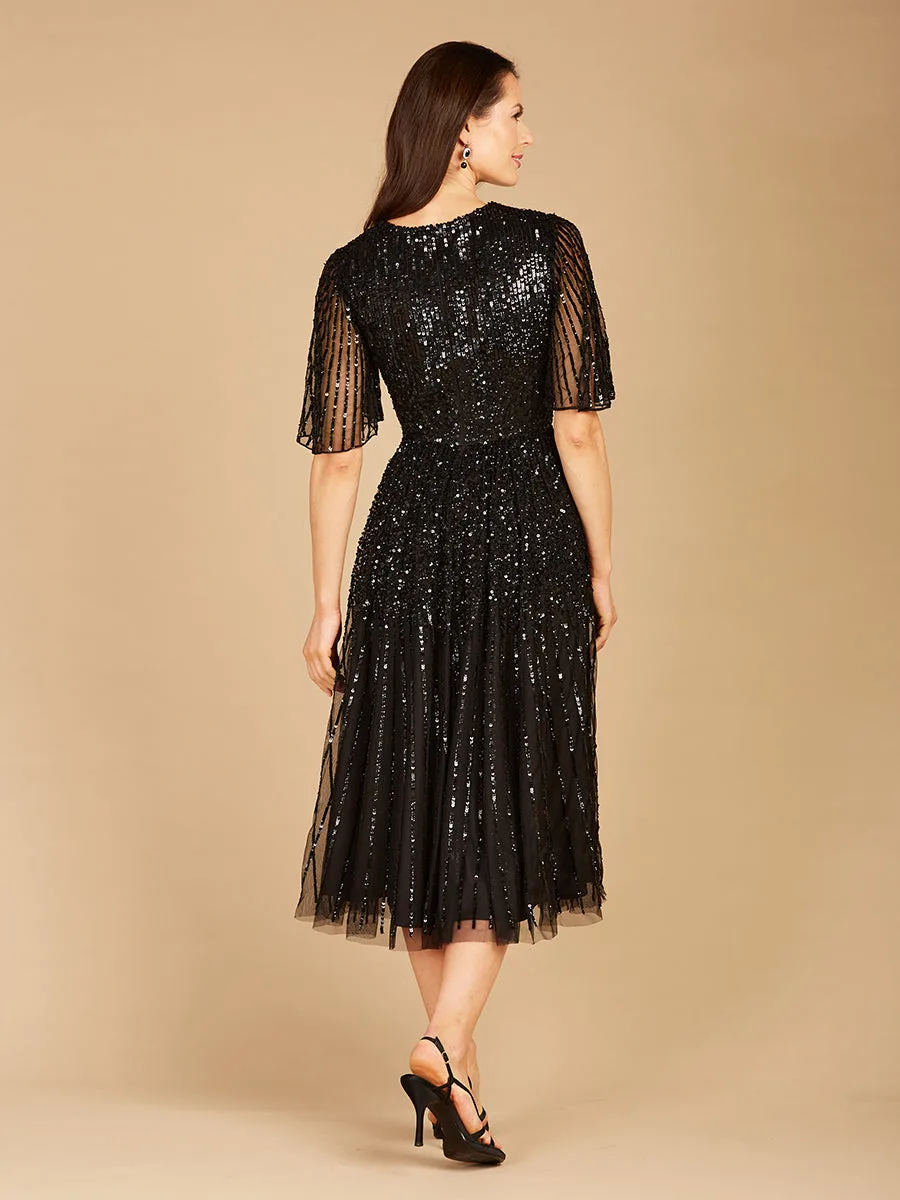 Flowing, Sequin Midi Dress with Short Sleeves by Lara New York — style 29221