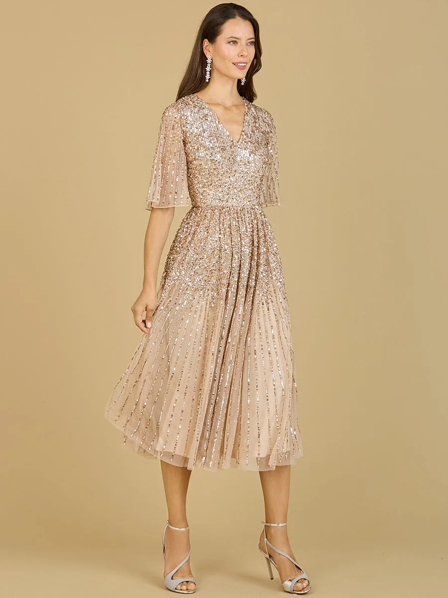 Flowing, Sequin Midi Dress with Short Sleeves by Lara New York — style 29221 in Champagne