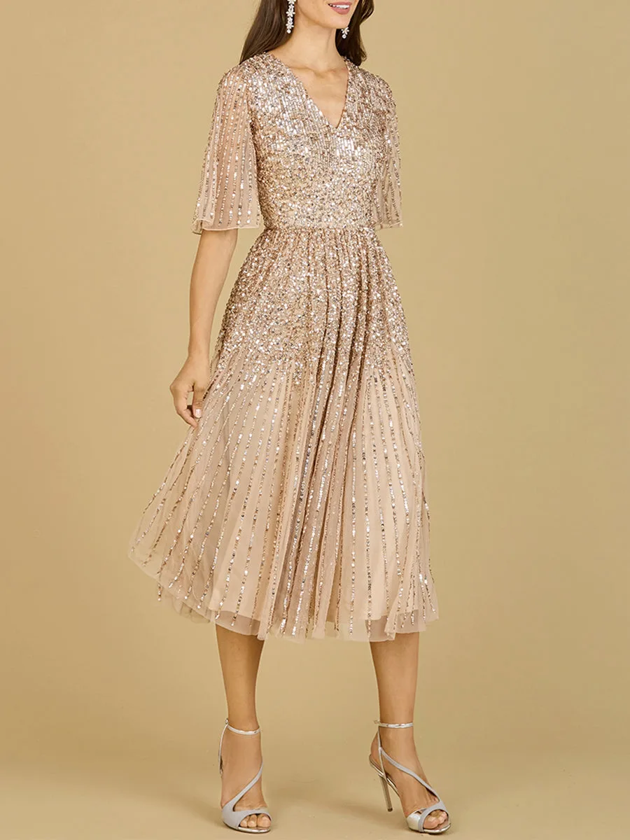 Flowing, Sequin Midi Dress with Short Sleeves by Lara New York — style 29221