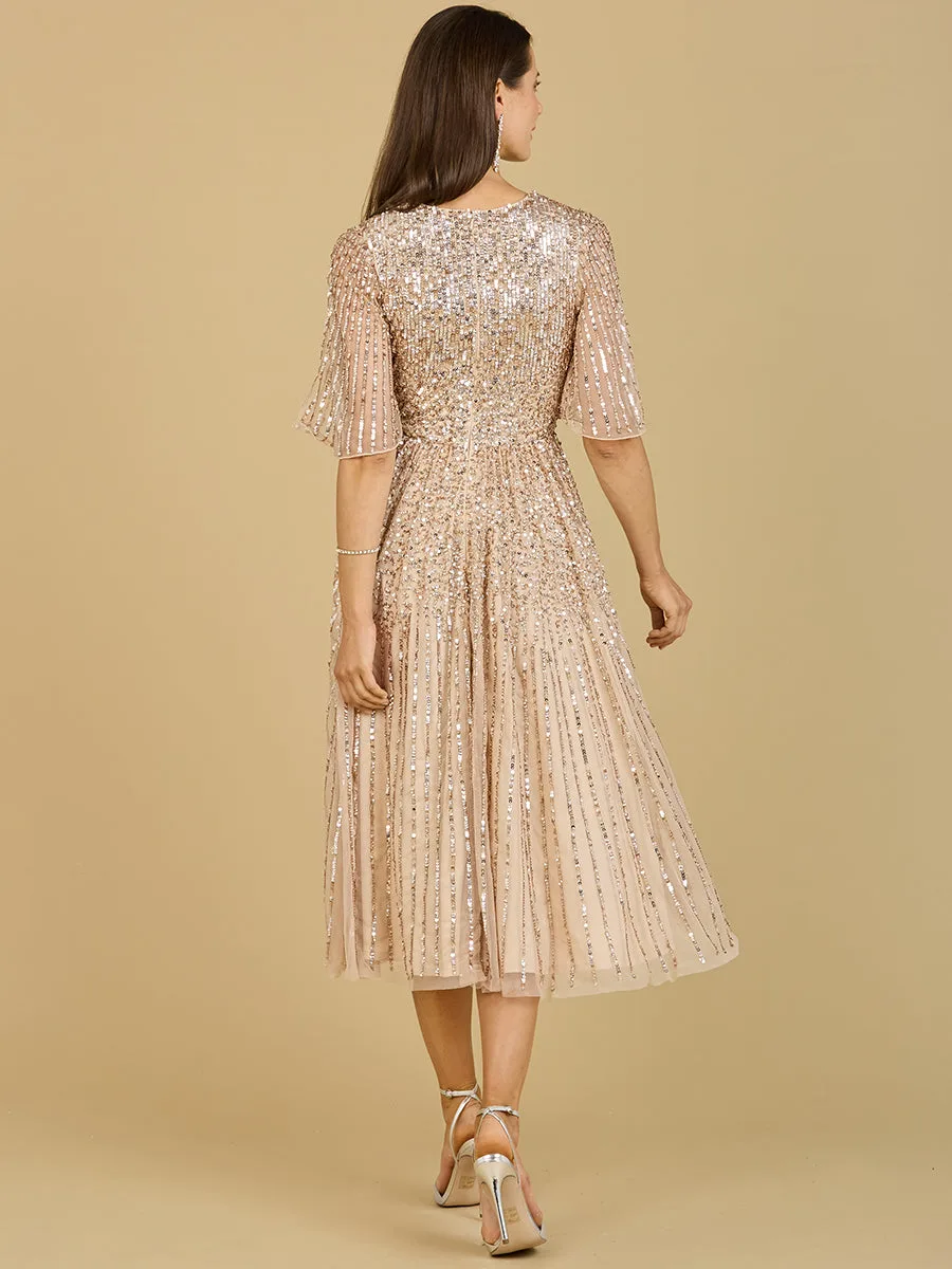 Flowing, Sequin Midi Dress with Short Sleeves by Lara New York — style 29221