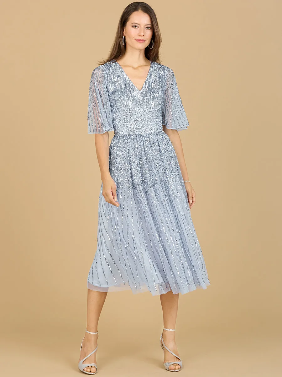 Flowing, Sequin Midi Dress with Short Sleeves by Lara New York — style 29221 in Periwinkle