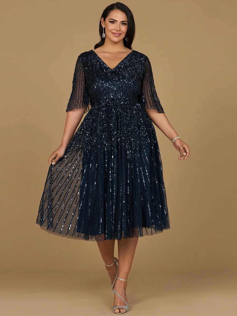 Flowing, Sequin Midi Dress with Short Sleeves by Lara New York — style 29221 in Navy