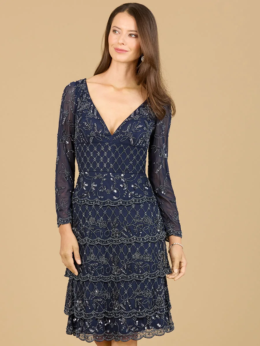 Knee Length, Long Sleeve Cocktail Dress by Lara New York — style 29223 in Navy