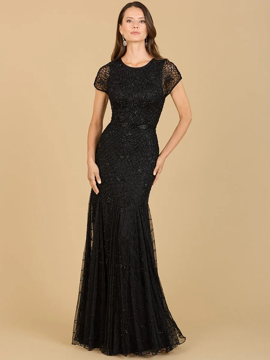 Beaded Mermaid Cap Sleeve Gown by Lara New York — style 29224 in Black