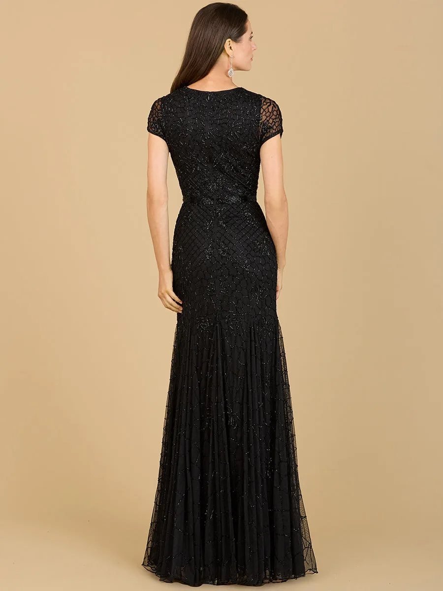 Beaded Mermaid Cap Sleeve Gown by Lara New York — style 29224
