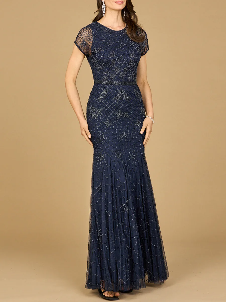 Beaded Mermaid Cap Sleeve Gown by Lara New York — style 29224 in Navy