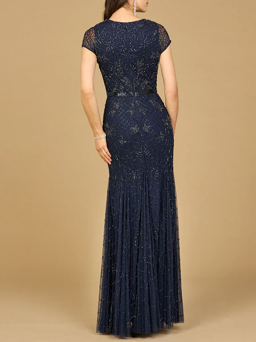 Beaded Mermaid Cap Sleeve Gown by Lara New York — style 29224