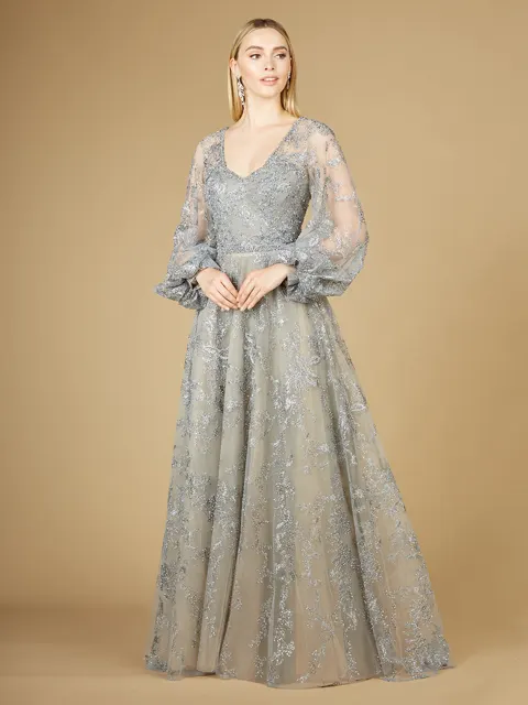 V Neckline Balloon Sleeve Gown