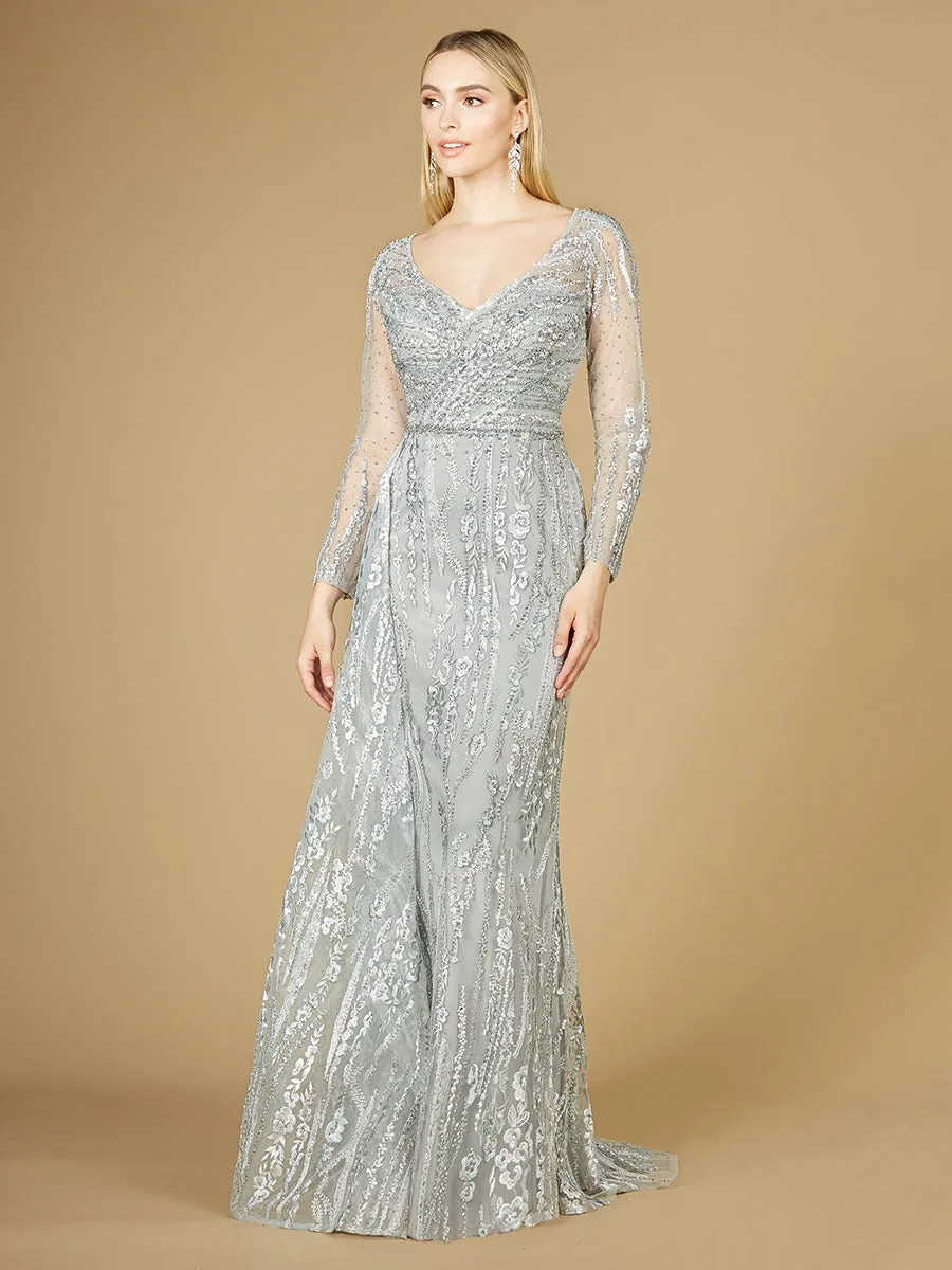 Asymmetrical Skirt Overlay Dress with Long Sleeves by Lara New York — style 29230 in Stone Multi