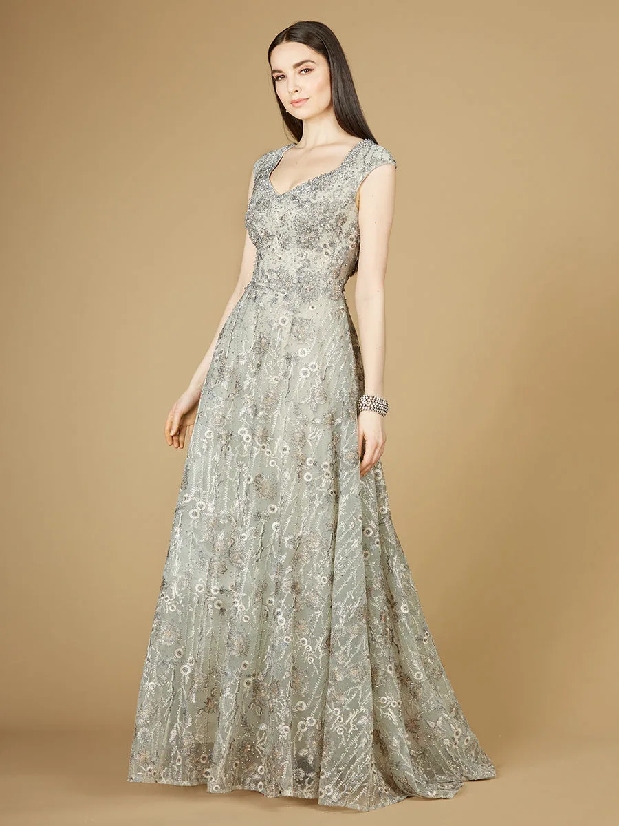 Cap Sleeve V-Neck Lace A-line Gown by Lara New York — style 29236 in Slate