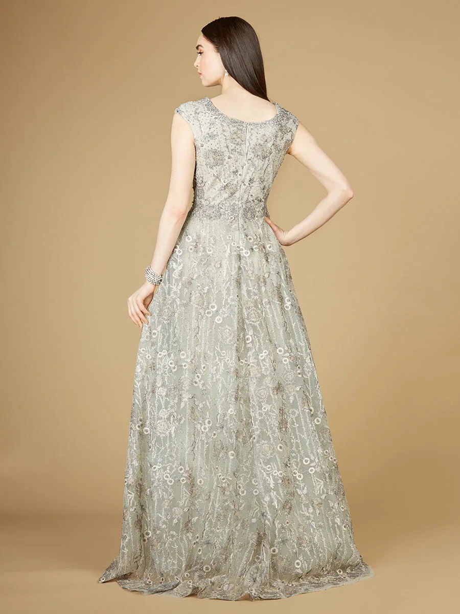 Cap Sleeve V-Neck Lace A-line Gown by Lara New York — style 29236