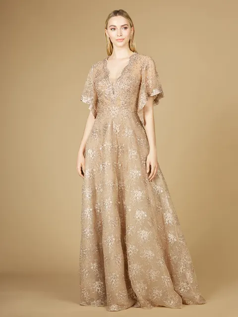 Cape Sleeve V-Neck Gown