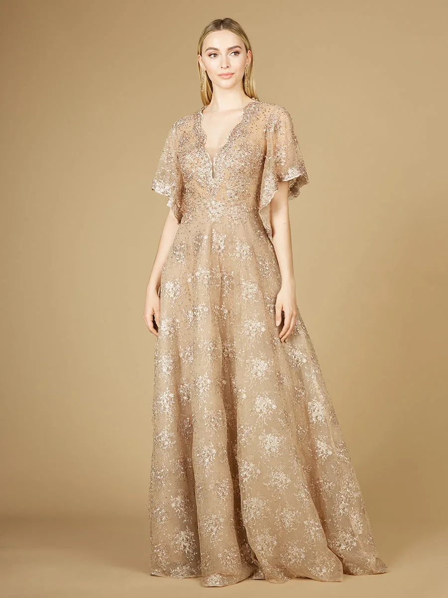 Cape Sleeve V-Neck Gown by Lara New York — style 29237 in Stone