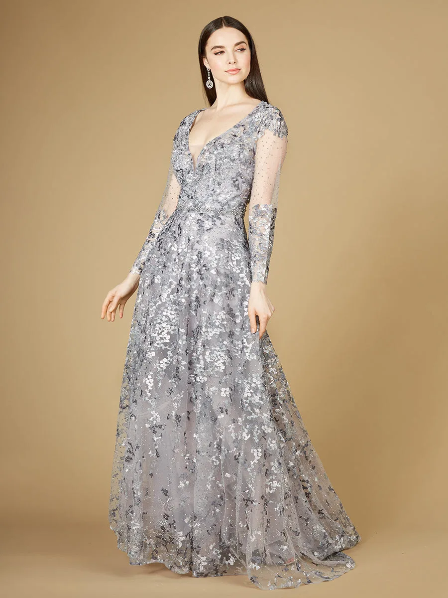 A-line Gown With Long Sleeves, V-Neckline by Lara New York — style 29239 in Dusty Purple