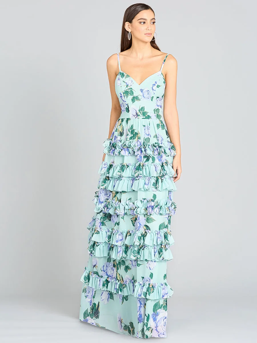 Ruffle Skirt Printed Gown with Spaghetti Straps by Lara New York — style 29242 in Mint
