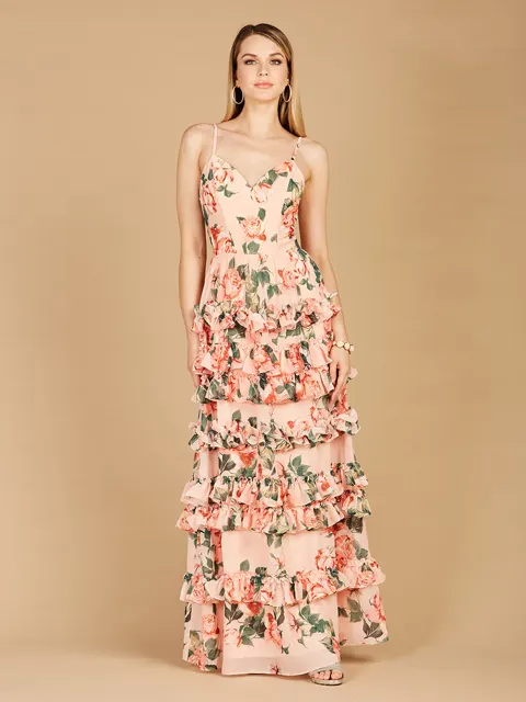 Ruffle Skirt Printed Gown with Spaghetti Straps