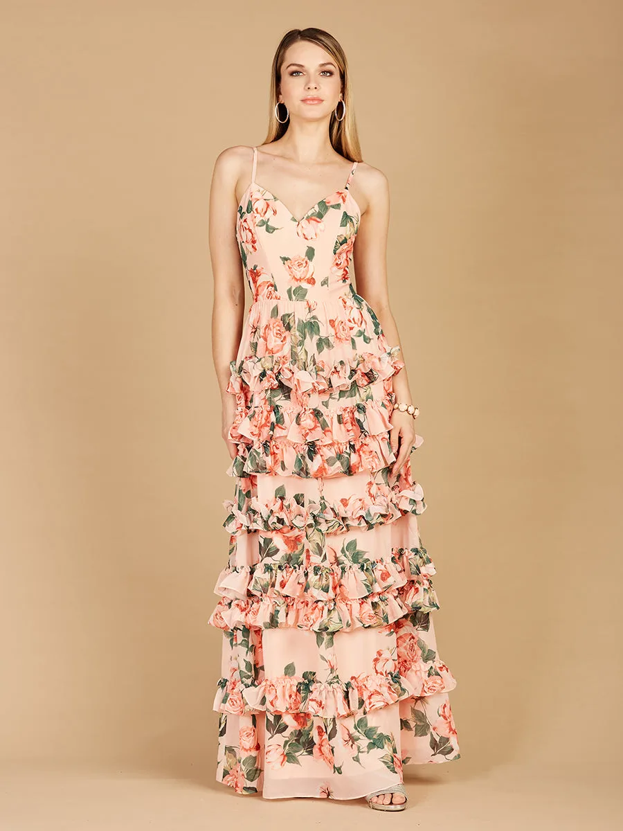 Ruffle Skirt Printed Gown with Spaghetti Straps by Lara New York — style 29242 in Peach
